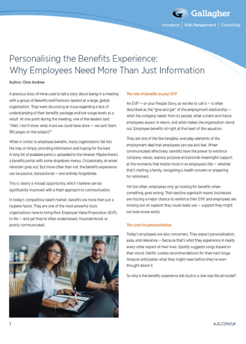 Personalising the Benefits Experience, published by Gallagher - cover
